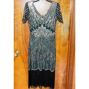BabeBeyond 20s Design Flapper Dress Green Fringed Sequined Size Small NWT